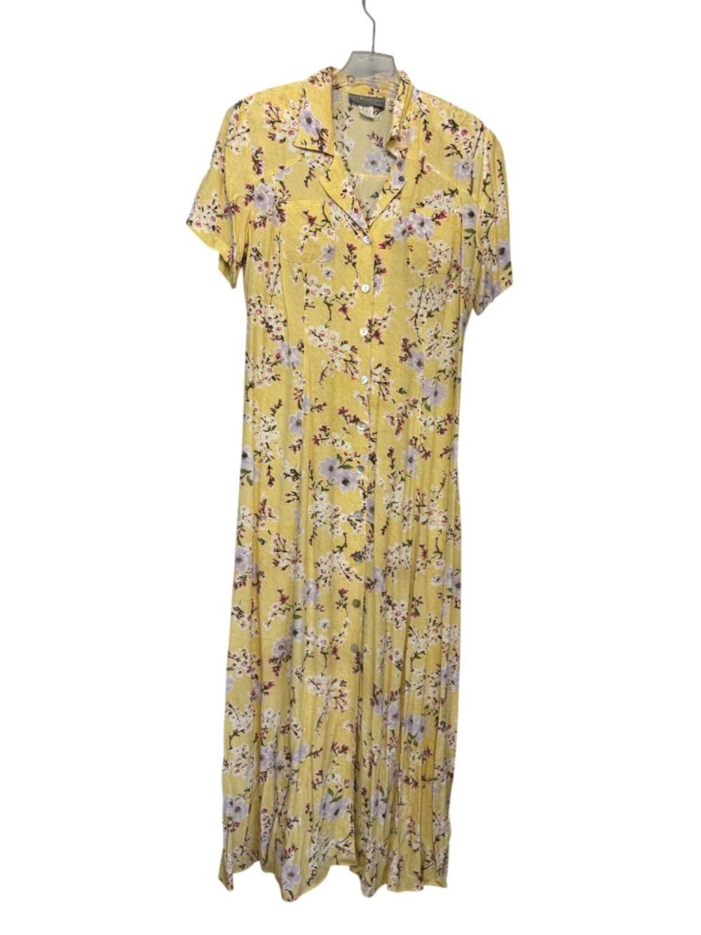 Carol Anderson Size 12 Yellow Floral Maxi Dress Button Front Rayon Short Sleeve